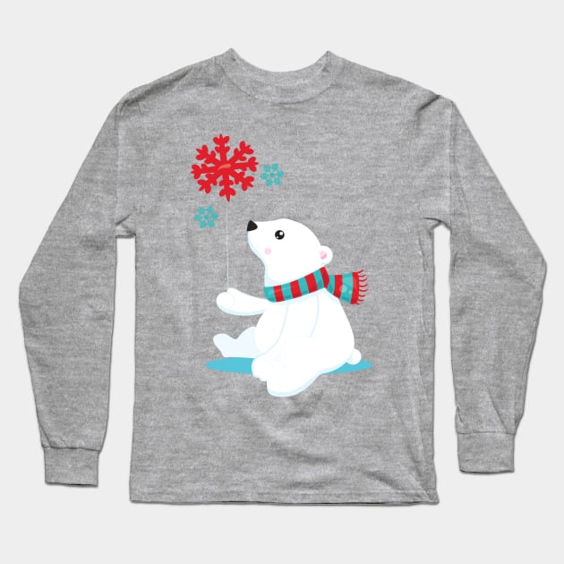 Polar Bear, Bear With Scarf, Cute Bear, Snowflakes Long Sleeve T-Shirt by Jelena Dunčević